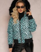  Jachetă verde deschis matlasată cu imprimeu leopard cu glugă și borsetă decorativă Sadeve