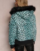  Jachetă verde deschis matlasată cu imprimeu leopard cu glugă și borsetă decorativă Sadeve
