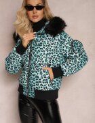  Jachetă verde deschis matlasată cu imprimeu leopard cu glugă și borsetă decorativă Sadeve