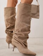 joalice paris Cizme Slouchy cu efect plisat cu textură de piele întoarsă cu toc jos Camosin Bej închis