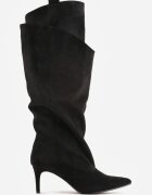 joalice paris Cizme Slouchy cu toc subțire și carâmb stratificat cu textură de piele întoarsă Anida Negre