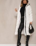jstyle Geacă Albă Matlasată Croială Lungă Cu Glugă și Șnururi Închisă Lateral cu Capse Siarielia