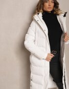 jstyle Geacă Albă Matlasată Croială Lungă Cu Glugă și Șnururi Închisă Lateral cu Capse Siarielia