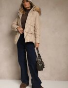 jstyle Geacă bej închisă cu croi drept cu cusături matlasate și glugă detașabilă cu blană lila