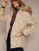 jstyle Geacă bej închisă cu croi drept cu cusături matlasate și glugă detașabilă cu blană lila