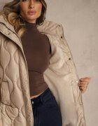 jstyle Geacă bej închisă cu croi drept cu cusături matlasate și glugă detașabilă cu blană lila