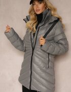 jstyle Geacă Gri închis de Iarnă cu Matlasare Diagonală și Glugă Nedetașabilă Siaritha