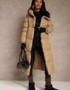 jstyle Geacă lungă bej închisă cu cusături matlasate glugă și curea legată Zalirra