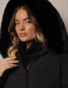 jstyle Geacă Neagră Matlasată cu croială boxy cu glugă cu finisaj de blană Venites