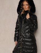 jstyle Geacă Neagră Matlasată Lungă cu glugă cu blană Senera