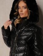 jstyle Geacă Neagră Matlasată Lungă cu glugă cu blană Senera