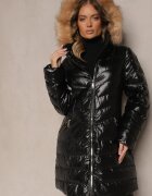 jstyle Geacă Negru-Maro Matlasată cu croi lung cu glugă decorată cu blană Senera