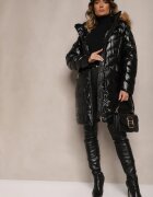 jstyle Geacă Negru-Maro Matlasată cu croi lung cu glugă decorată cu blană Senera