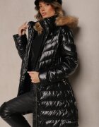 jstyle Geacă Negru-Maro Matlasată cu croi lung cu glugă decorată cu blană Senera