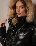 jstyle Geacă Negru-Maro Matlasată cu croi lung cu glugă decorată cu blană Senera