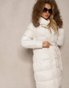 jstyle Jachetă Albă Matlasată Lungă cu Glugă cu cordon în talie cu Blană Detașabilă Phorira