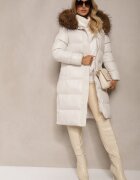 jstyle Jachetă Albă Matlasată Lungă cu Glugă cu cordon în talie cu Blană Detașabilă Phorira