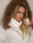 jstyle Jachetă Albă Matlasată Lungă cu Glugă cu cordon în talie cu Blană Detașabilă Phorira