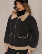 jstyle Jachetă de blugi gri închis cu bumbac și blană decorată cu o curea la guler Senalira