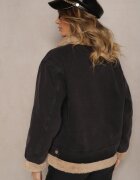 jstyle Jachetă de blugi gri închis cu bumbac și blană decorată cu o curea la guler Senalira