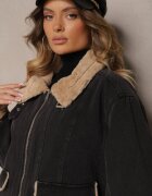 jstyle Jachetă de blugi gri închis cu bumbac și blană decorată cu o curea la guler Senalira