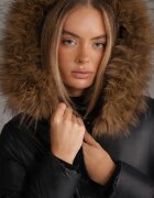 jstyle Jachetă Neagră Matlasată Lungă cu Glugă Legată în Talie cu Blană Detașabilă Phorira