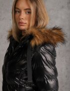 jstyle Jachetă Negru-Maro Matlasată Lungă Decorată cu Șnururi și Blană Detașabilă Lorrina