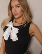jstyle Top Negru de Bumbac cu Zirconii Perle și Fundă 3D Odivana