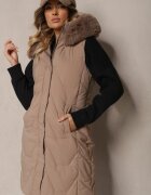 jstyle Vestă Bej închis Matlasată cu Glugă și Blană Detașabilă Innaleia