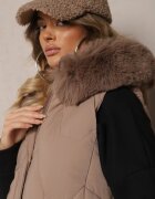 jstyle Vestă Bej închis Matlasată cu Glugă și Blană Detașabilă Innaleia