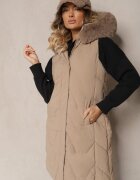 jstyle Vestă Bej Matlasată cu Glugă și Blană Detașabilă Innaleia