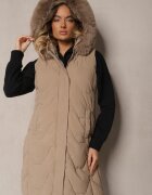 jstyle Vestă Bej Matlasată cu Glugă și Blană Detașabilă Innaleia