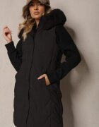 jstyle Vestă Neagră Matlasată cu Glugă și Blană Detașabilă Innaleia