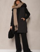 jstyle Vestă Neagră Matlasată cu Glugă și Blană Detașabilă Innaleia