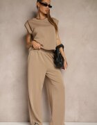 jumelle Ansamblu Bej din viscoză Pantaloni largi și Bluză cu umeri întăriți Neidra