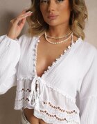 jumelle Bluză Albă din Bumbac Decorată cu Inserții Ajourate și Legătură Galazerra