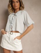 jumelle Bluză albastru deschis din viscoză decorată cu legătură și carouri Dellanis