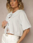 jumelle Bluză albastru deschis din viscoză decorată cu legătură și carouri Dellanis