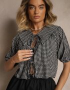 jumelle Bluză Neagră cu Viscoză Ornată cu Legătură și cu Carouri Dellanis