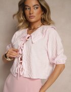 jumelle Bluză Roză din Vâscoză Decorată cu Legătură și Carouri Dellanis