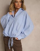 jumelle Cămașă albastru deschis din bumbac cu croi oversize în dungi cu elastic în talie Neoritia