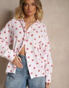 jumelle Cămașă Roz-roșie din Bumbac cu Dungi Decorată cu Model Floral Apiola
