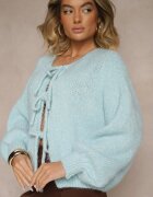 jumelle Cardigan Albastru cu Lână stil Oversize cu Funde Legate Elearina