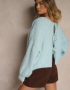 jumelle Cardigan Albastru cu Lână stil Oversize cu Funde Legate Elearina