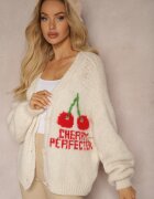jumelle Cardigan bej deschis cu amestec de lână cu inscripție și cireașă Benana