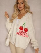 jumelle Cardigan bej deschis cu amestec de lână cu inscripție și cireașă Benana