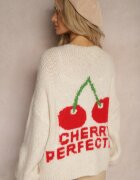 jumelle Cardigan bej deschis cu amestec de lână cu inscripție și cireașă Benana