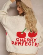 jumelle Cardigan bej deschis cu amestec de lână cu inscripție și cireașă Benana