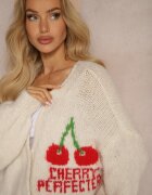 jumelle Cardigan bej deschis cu amestec de lână cu inscripție și cireașă Benana