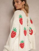 jumelle Cardigan Bej deschis Legat din Lână și Viscoză cu Model Decorativ cu Căpșuni Cesirae